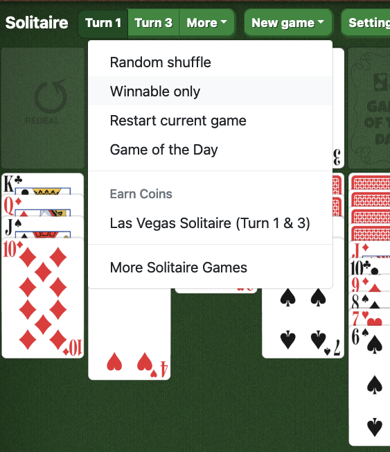 New game menu on Solitaired