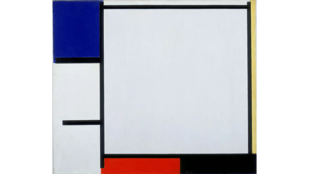 A Mondrian piece with black lines on white canvas, some of the outer areas being coloured