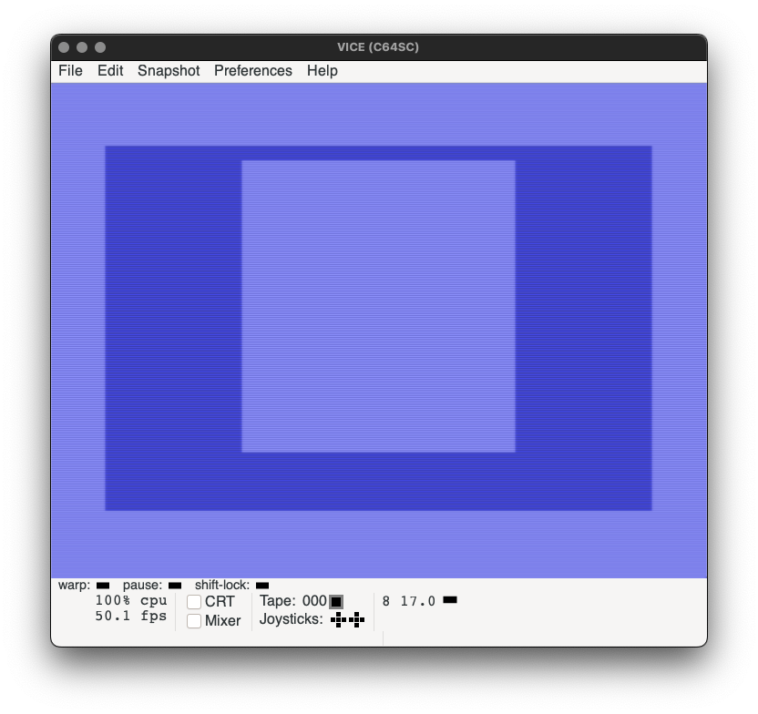 A C64 screen with a blank 20x20 area in the centre